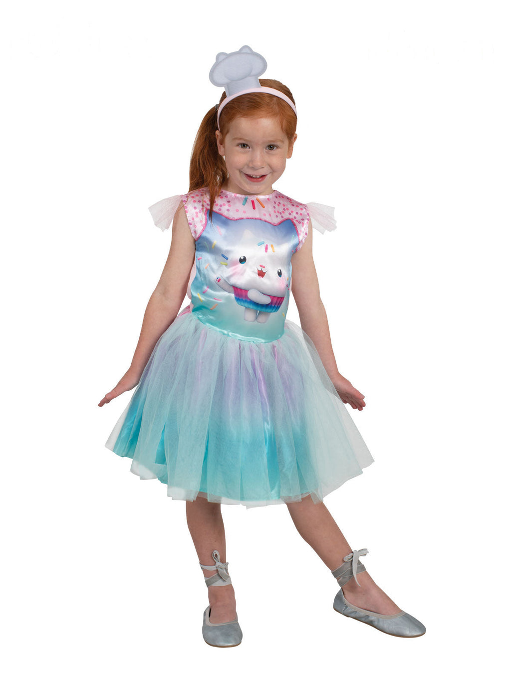 Girl in Gabby's Dollhouse Cakey Cat tutu dress with pastel tulle skirt and chef hat headband