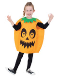 Child wearing an orange pumpkin tabard with jack-o'-lantern face and green leafy collar