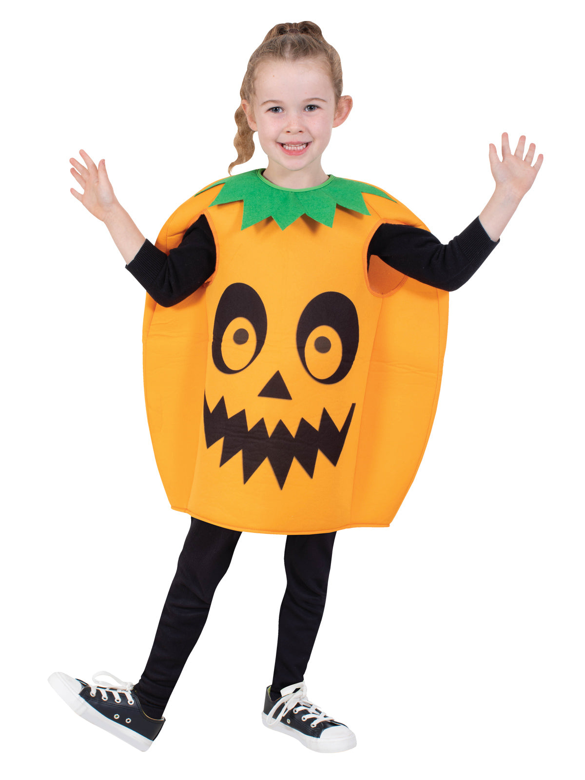 Child wearing an orange pumpkin tabard with jack-o'-lantern face and green leafy collar