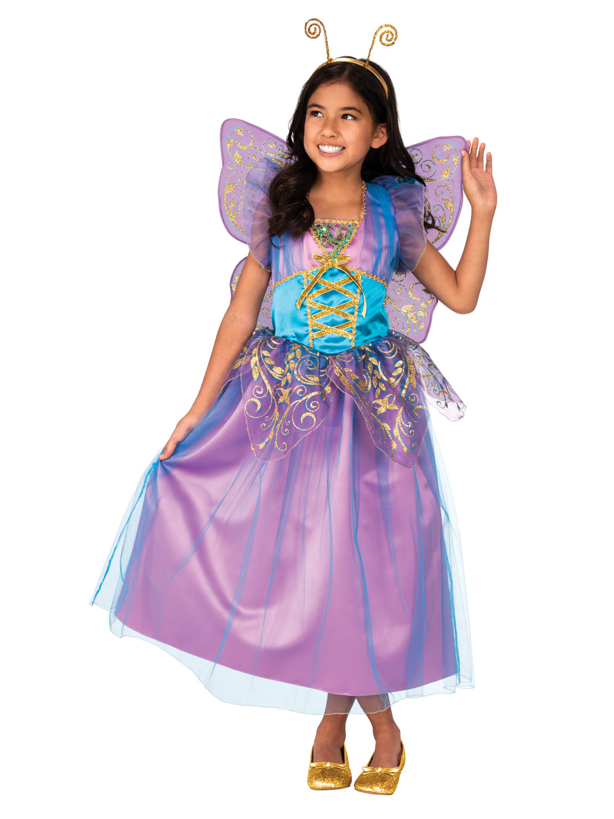Girl in purple and blue fairy dress with gold trim, antennae headband and sheer wings