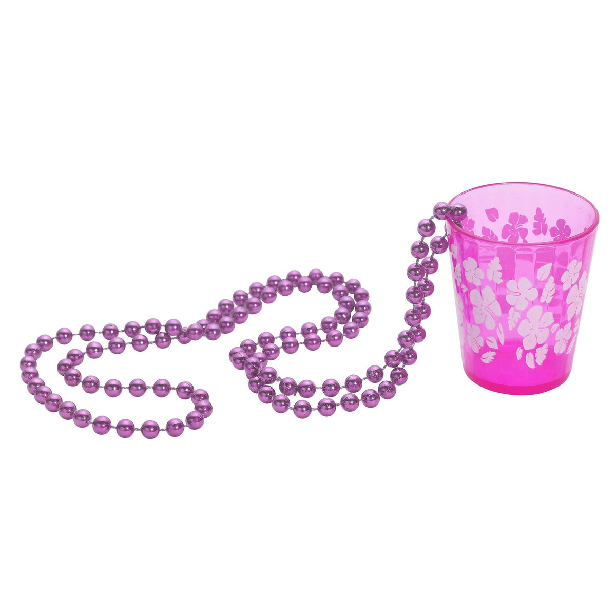 Pink shot glass on a long purple bead necklace