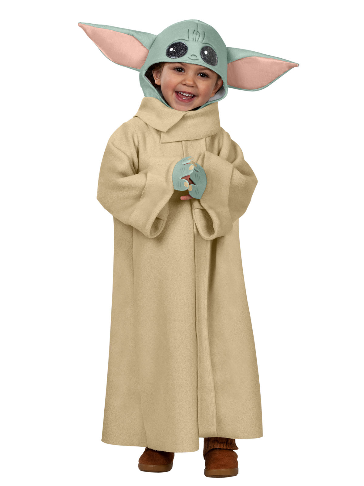 Child in a full Grogu costume showing the headpiece and collar
