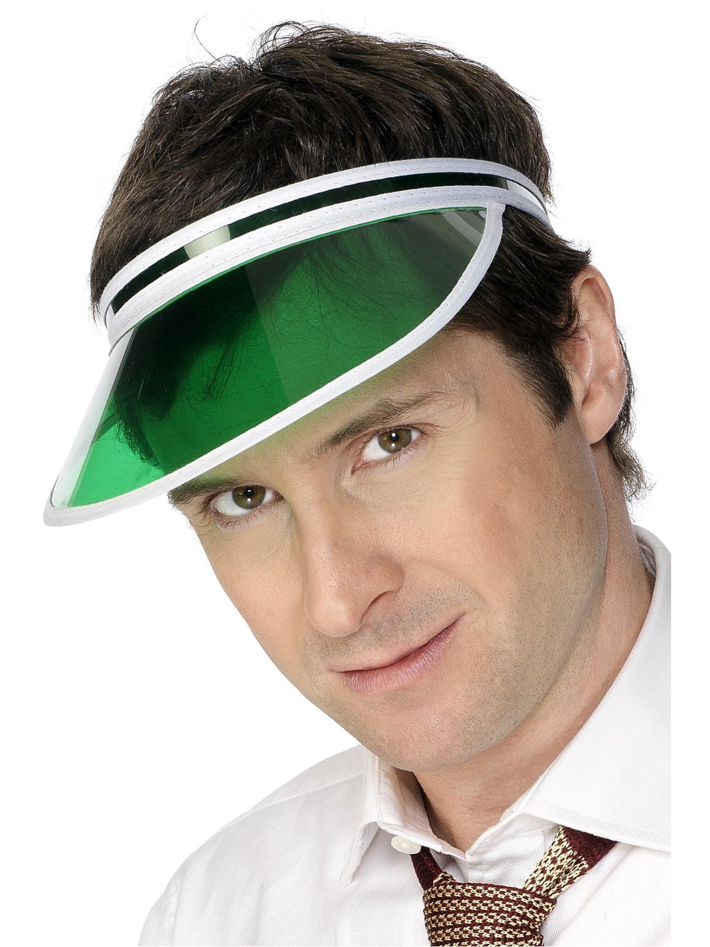 Man wearing a green transparent poker visor