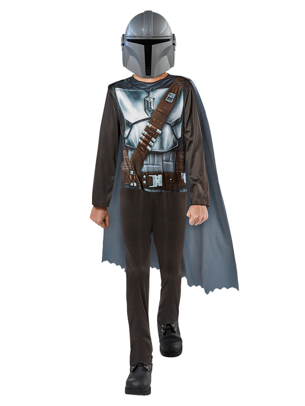 Boy in the Star Wars Mandalorian jumpsuit with printed silver armour and bandolier, grey cape and half mask