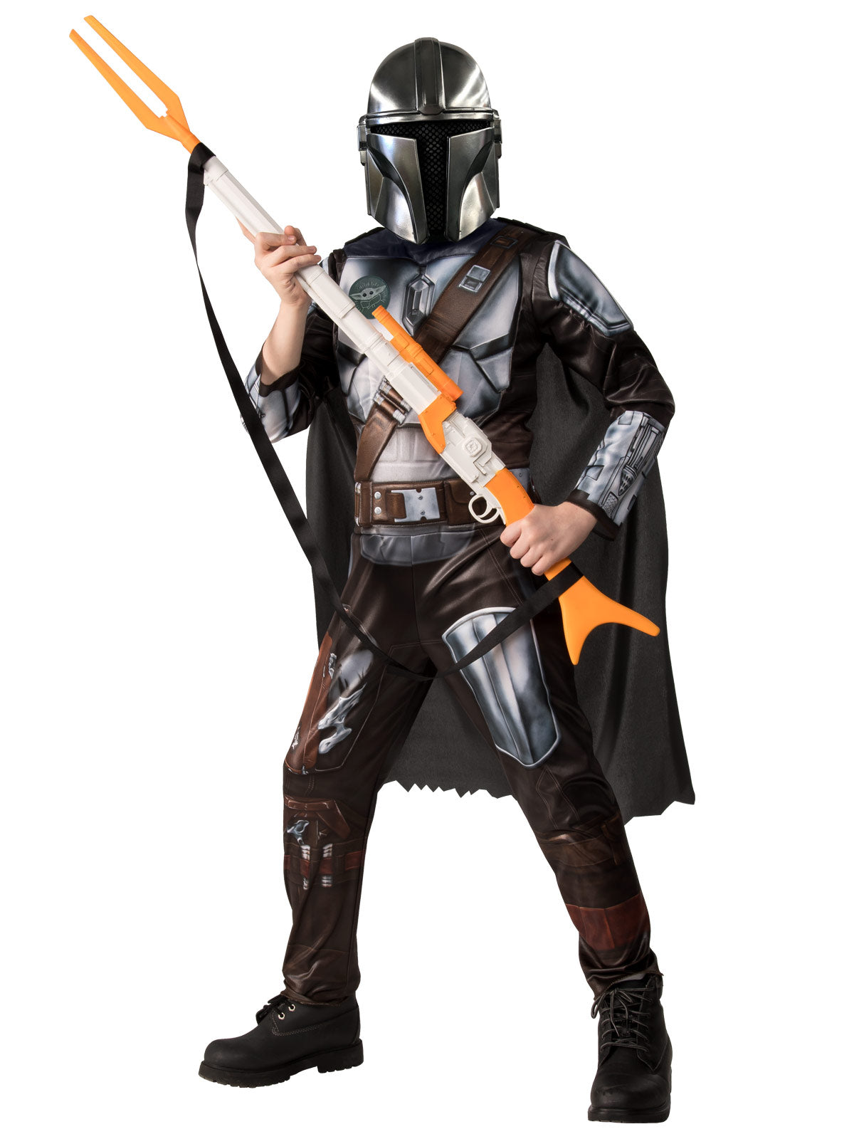 Boy in the Star Wars Mandalorian Deluxe costume with foam armour, bandolier belt, cape and half-face mask