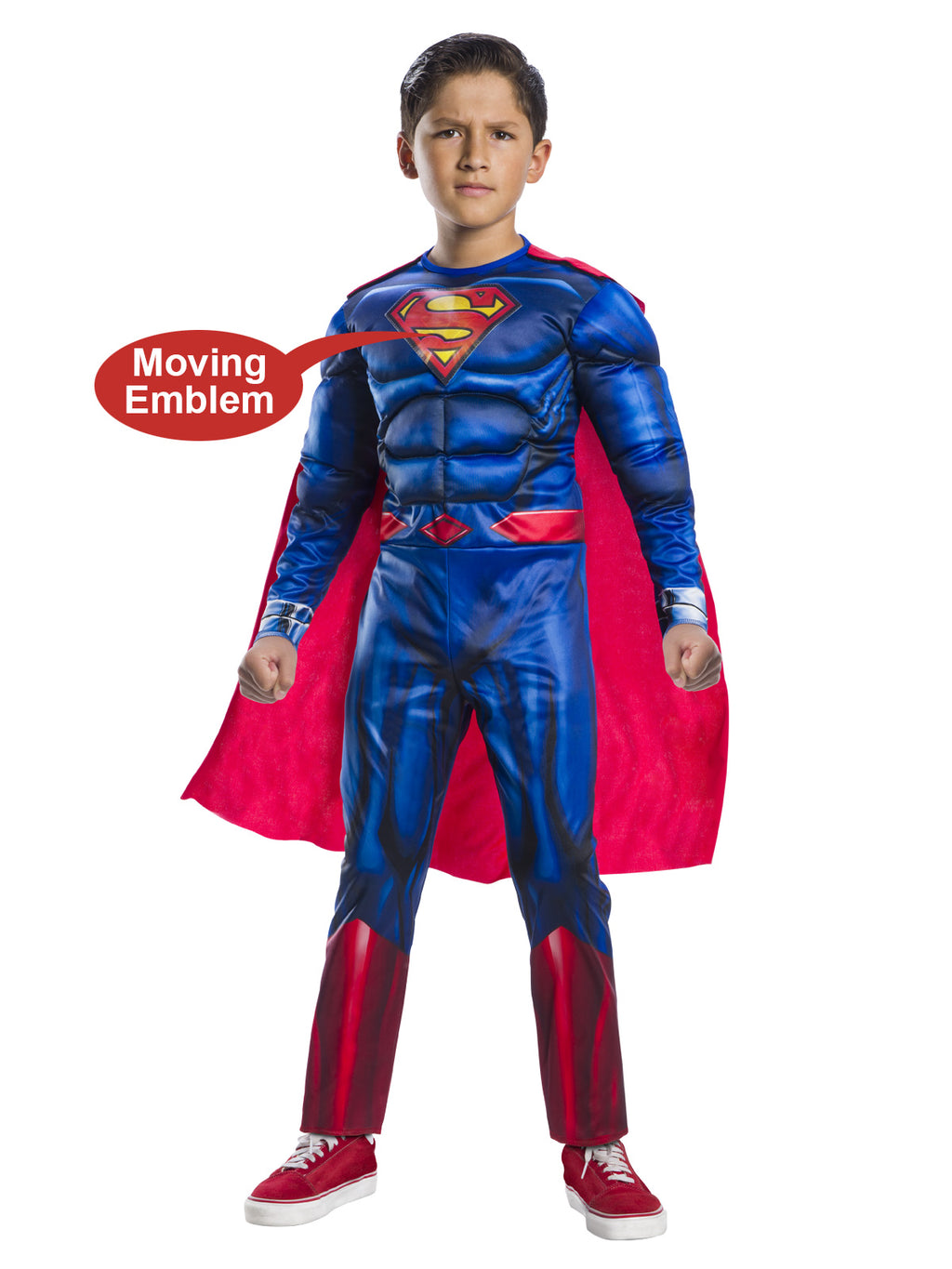 Boy in a deluxe Superman padded muscle jumpsuit with lenticular moving S emblem and red cape