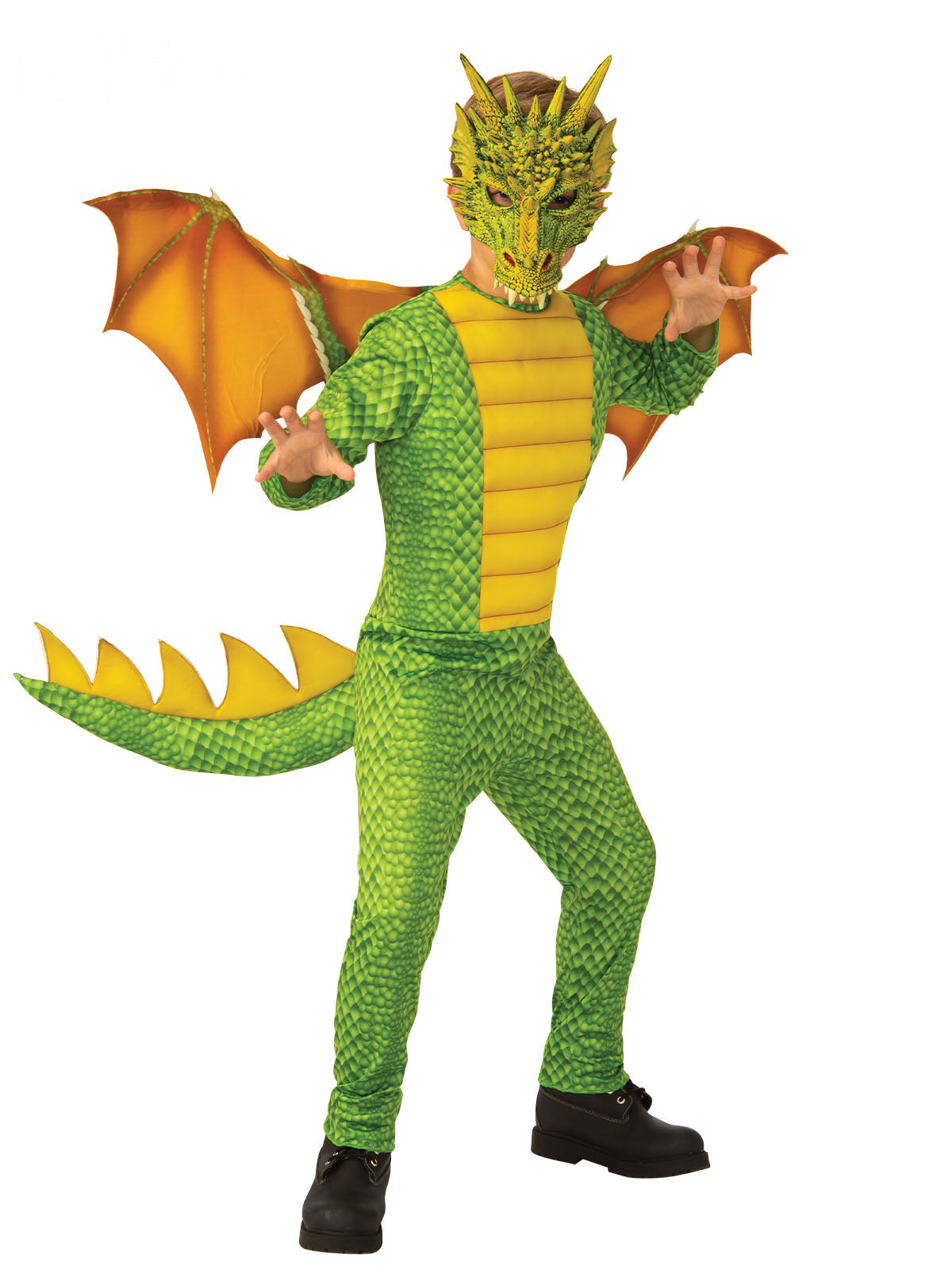 Child in a green dragon deluxe jumpsuit with scaled tail, orange wings and 3D latex dragon mask