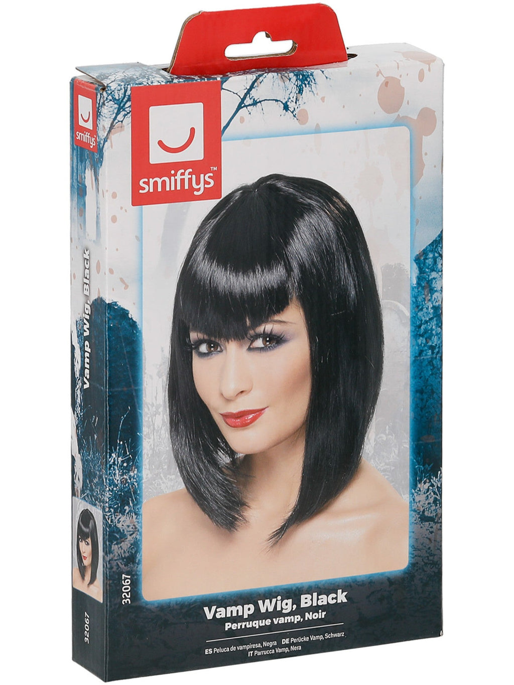 Black vamp wig in its retail packaging