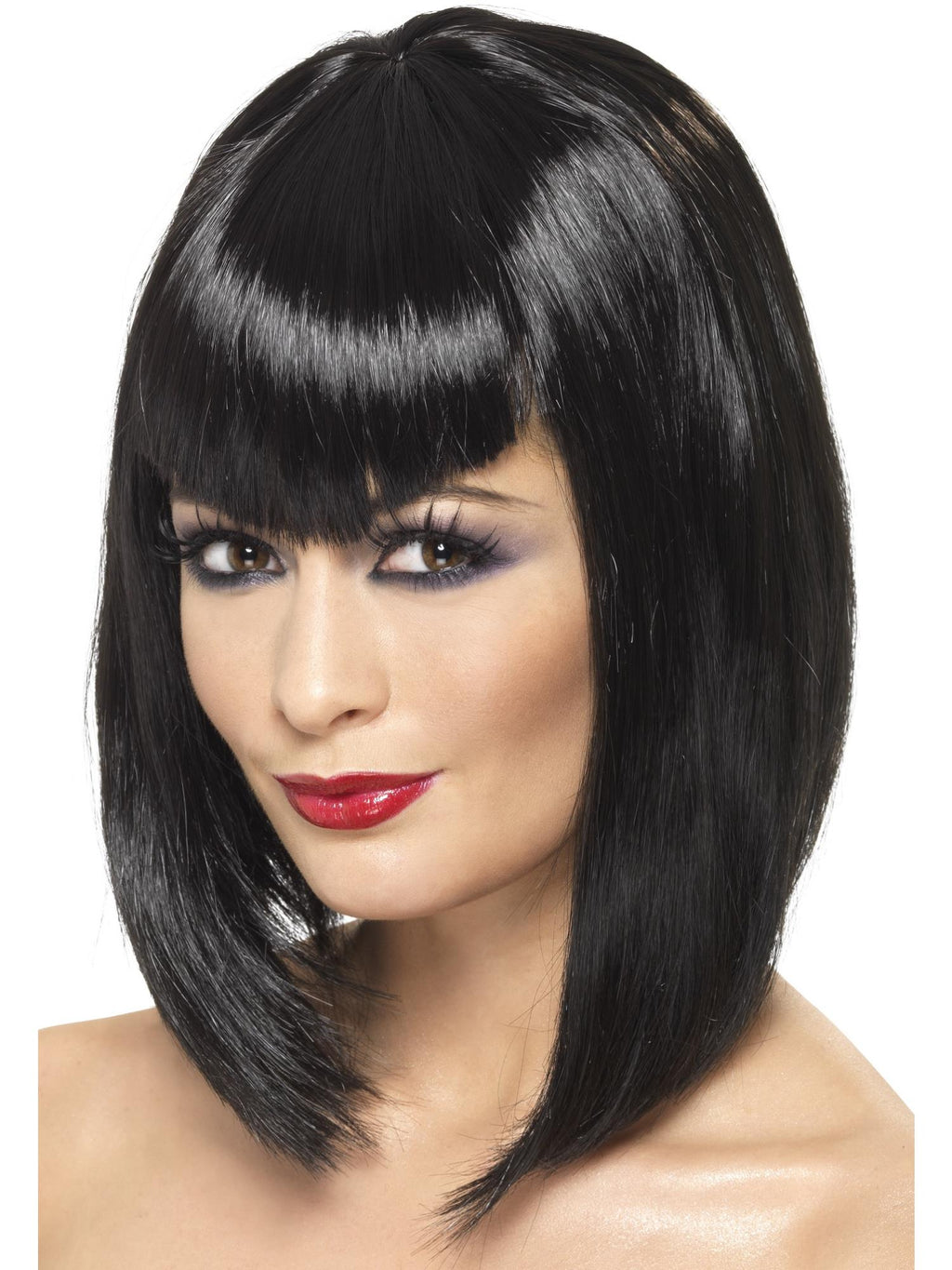 Woman wearing a black vamp wig in a shoulder-length bob with a straight fringe