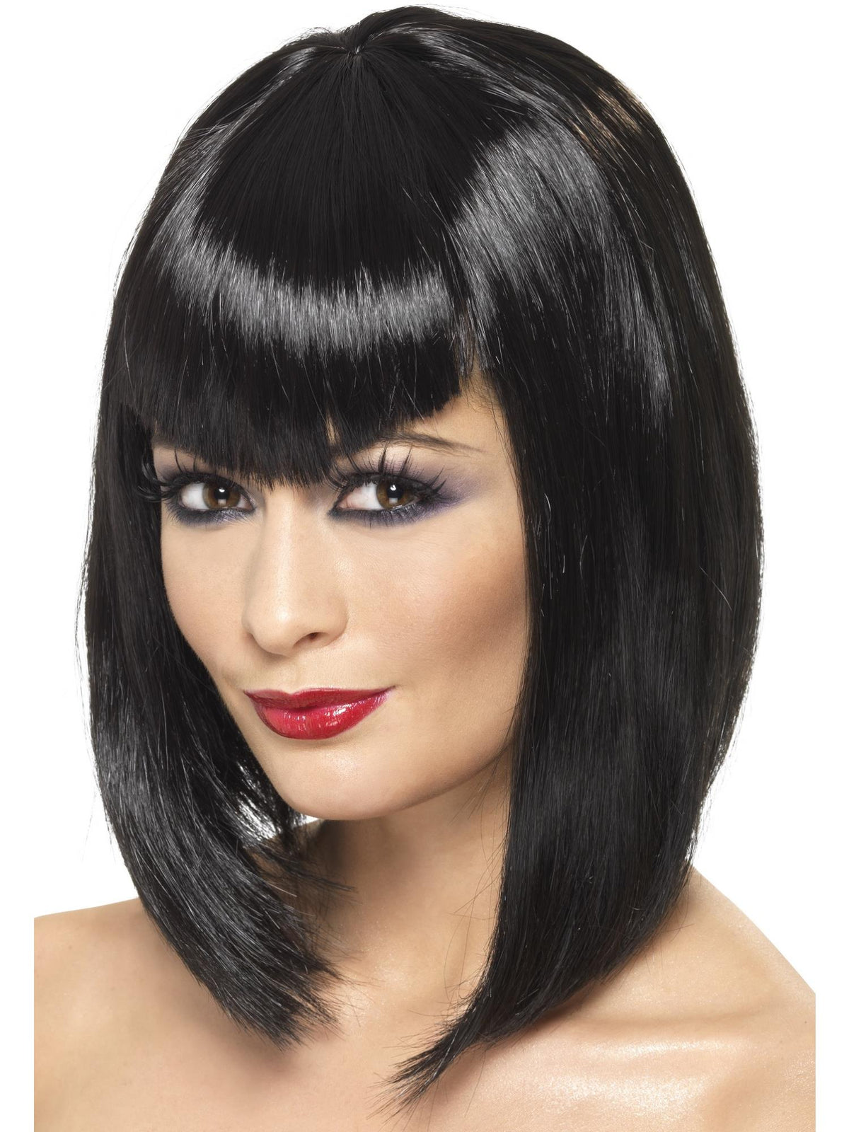 Woman wearing a black vamp wig in a shoulder-length bob with a straight fringe