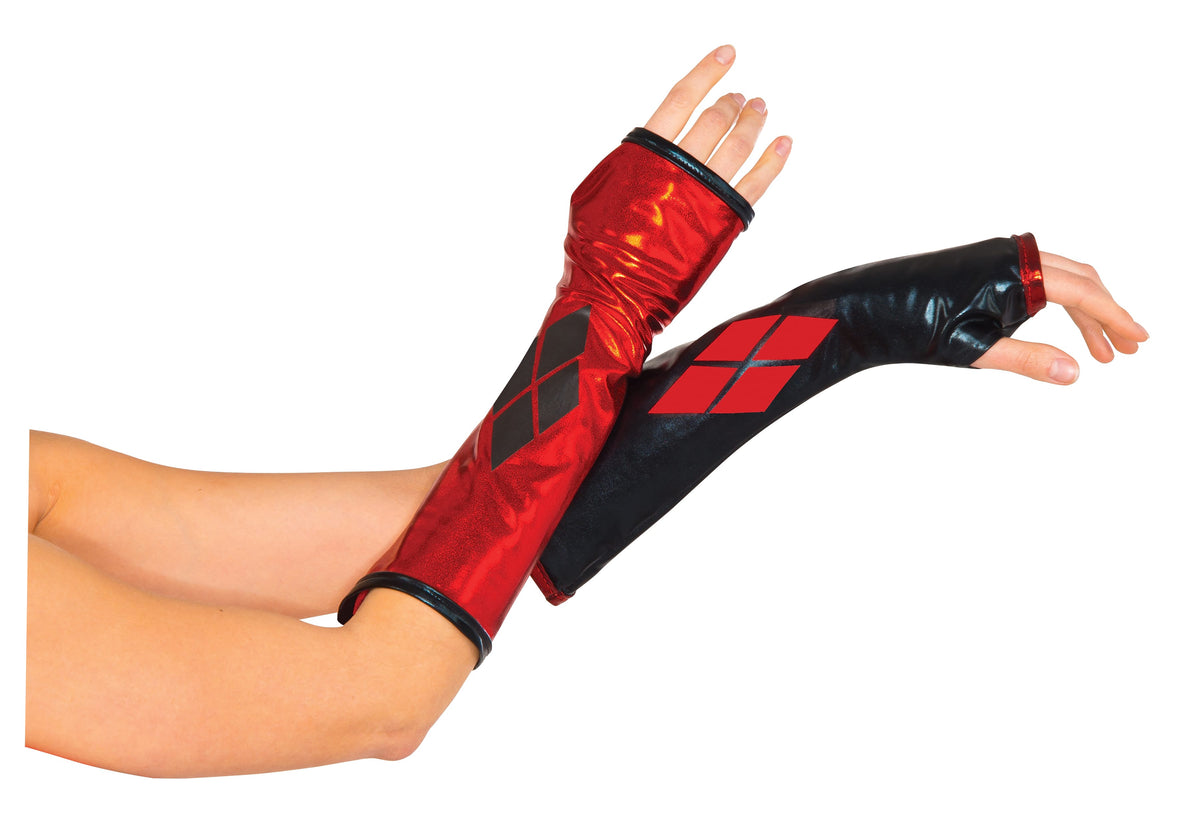 Arms wearing red and black Harley Quinn gauntlets
