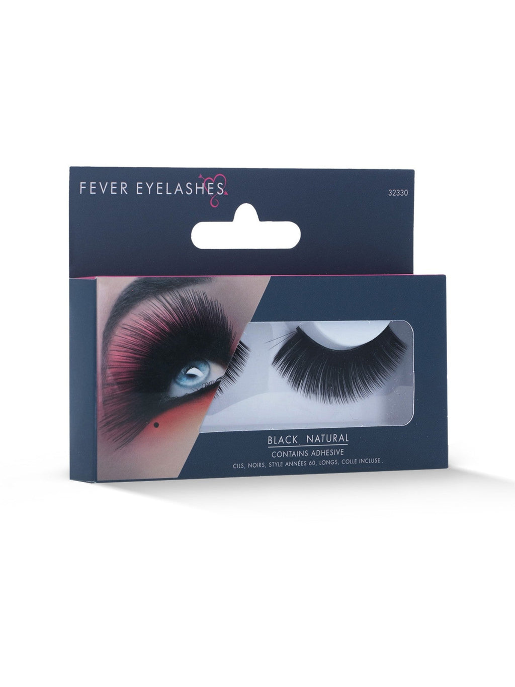 Black false eyelashes in their retail packaging