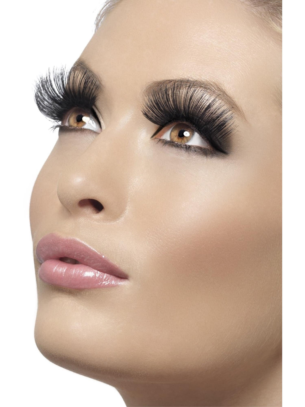 Close-up of long thick black false eyelashes