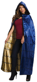 Woman wearing a long blue hooded Wonder Woman cape with gold lining