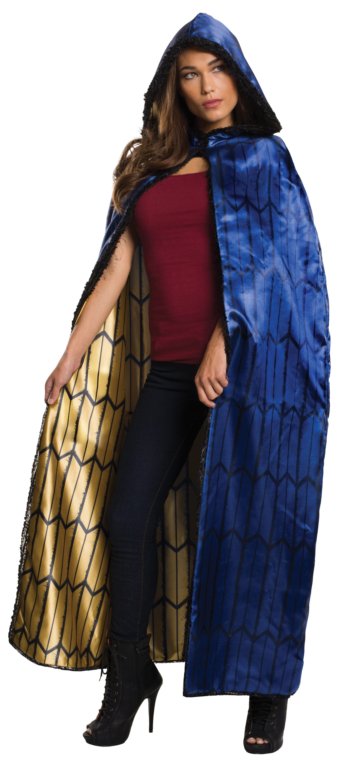 Woman wearing a long blue hooded Wonder Woman cape with gold lining