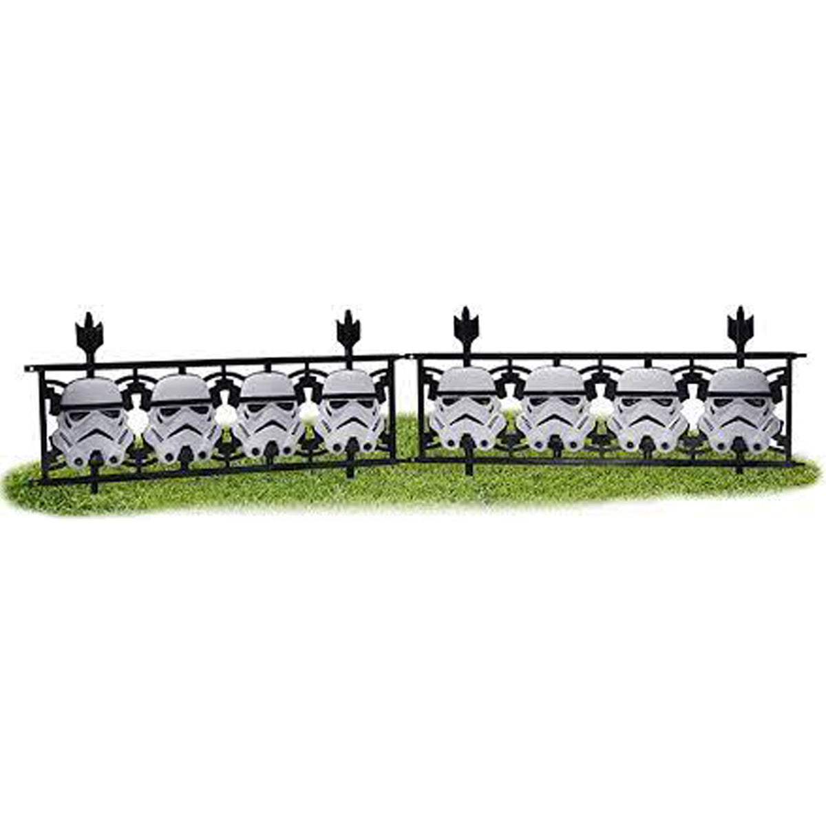 White Stormtrooper helmet fence decor pieces joined in a row