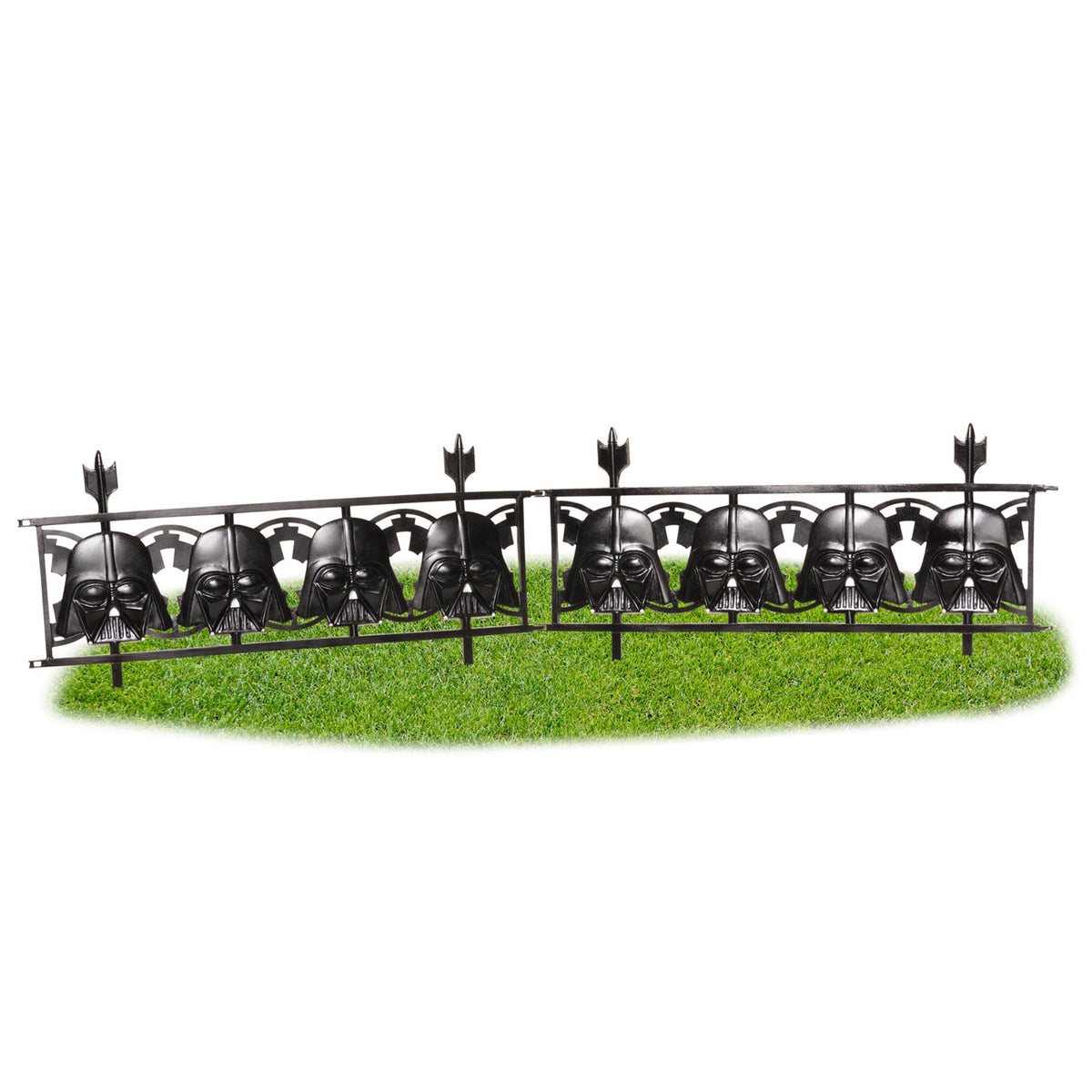 Black Darth Vader helmet fence decor pieces joined in a row