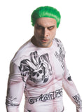 Man wearing a bright green slicked-back Joker wig