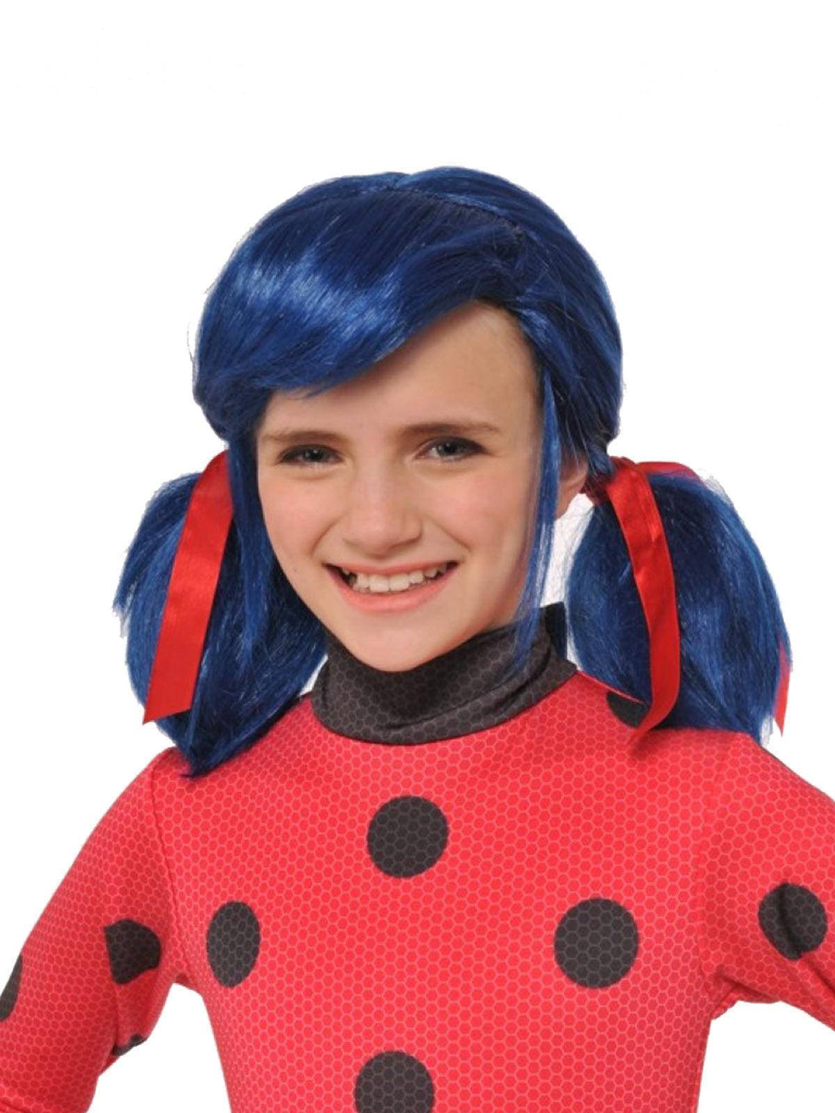 Girl wearing the blue Miraculous Ladybug pigtail wig with red ribbons
