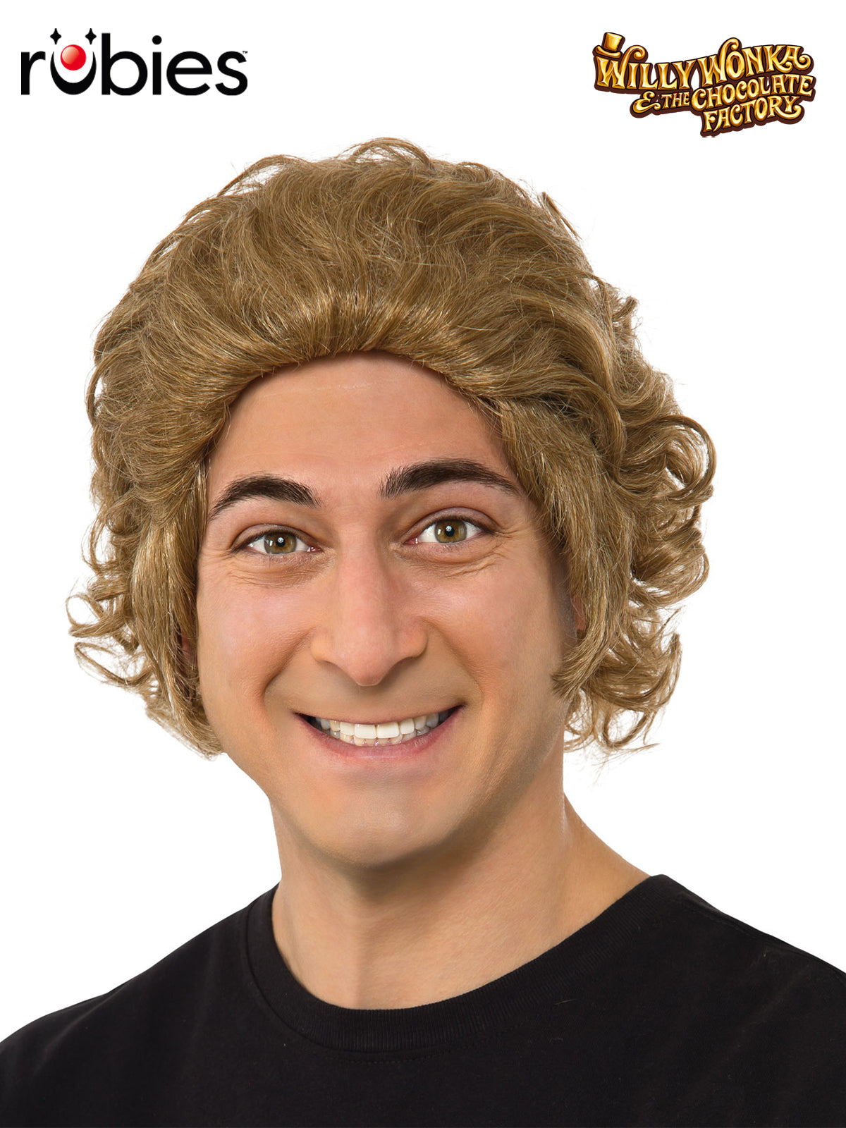 Man wearing a light brown curly Willy Wonka wig