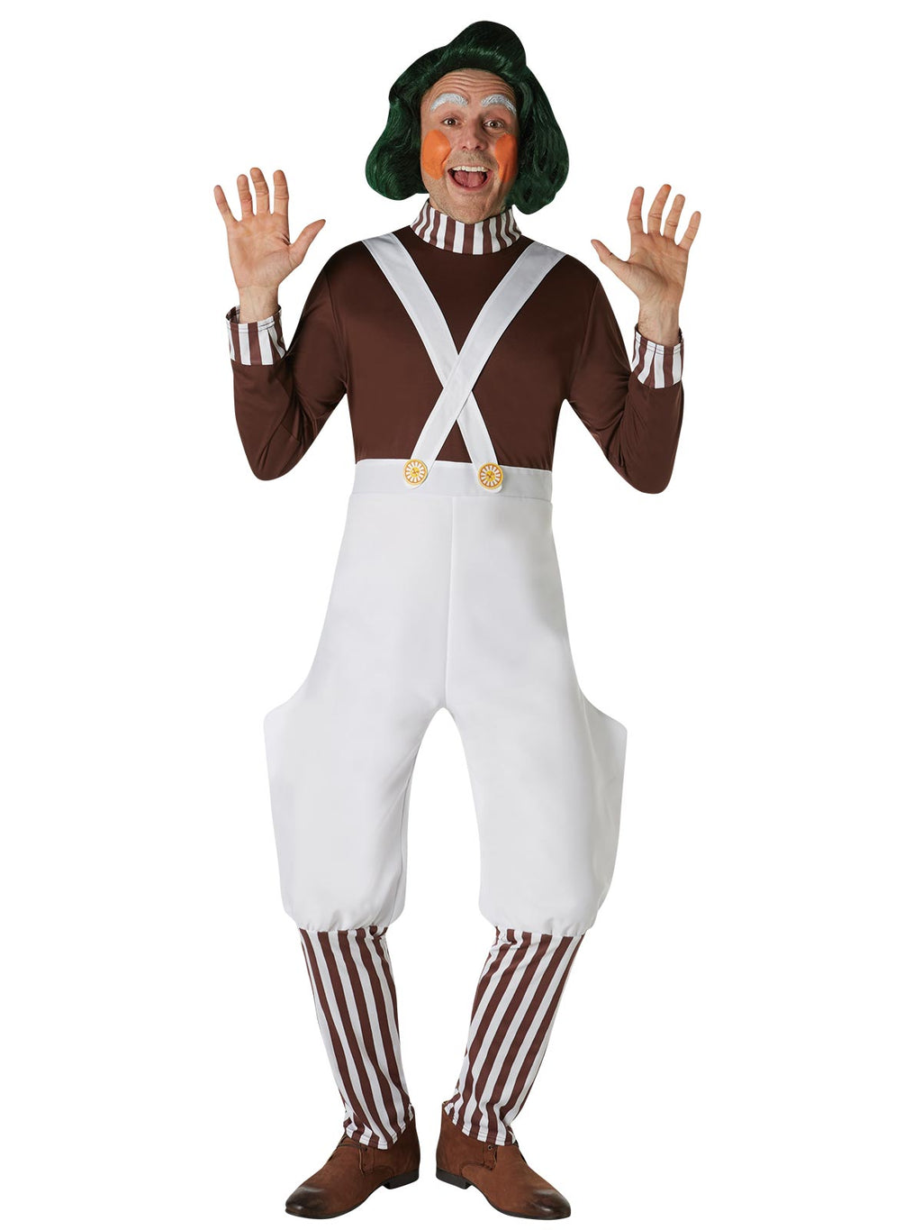 Man in an Oompa Loompa outfit wearing the green bouffant wig