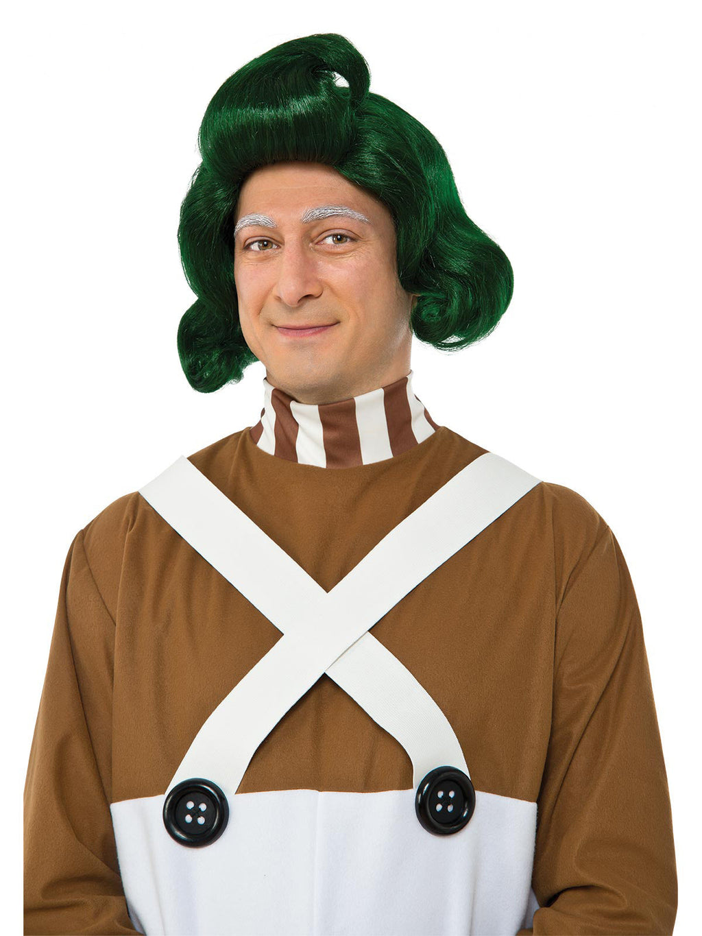 Alternate view of a man wearing the green Oompa Loompa wig