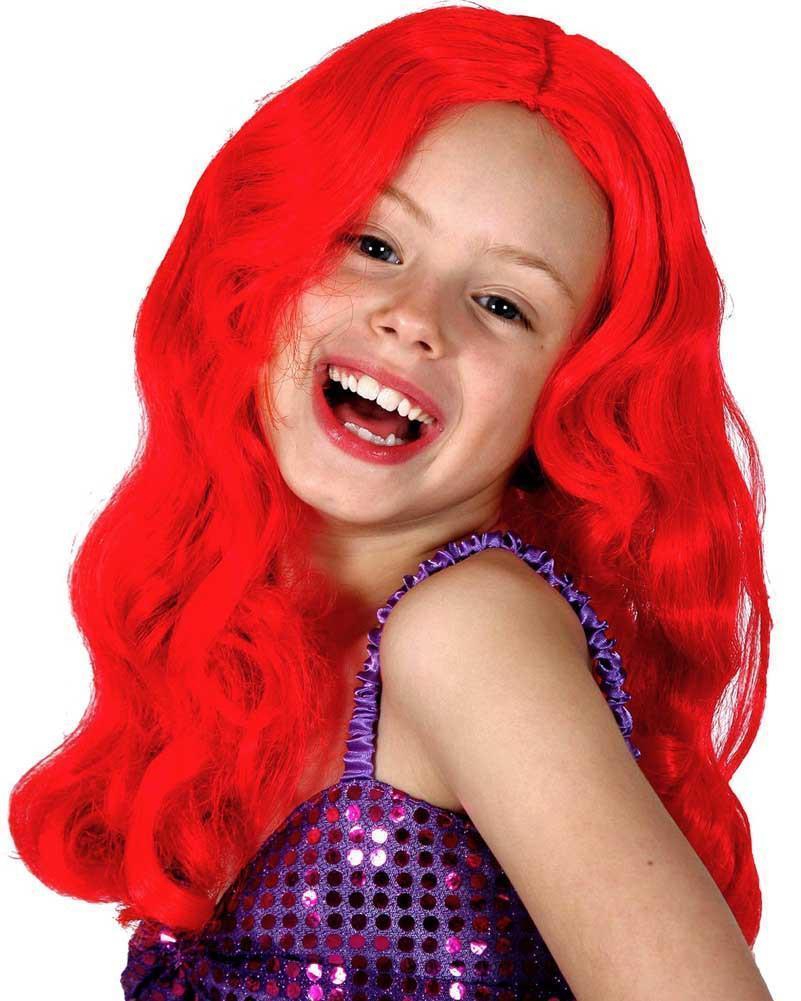 Girl wearing the long wavy bright red Ariel wig