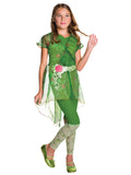 Girl wearing a green Poison Ivy dress with leafy tulle overlay and printed leggings