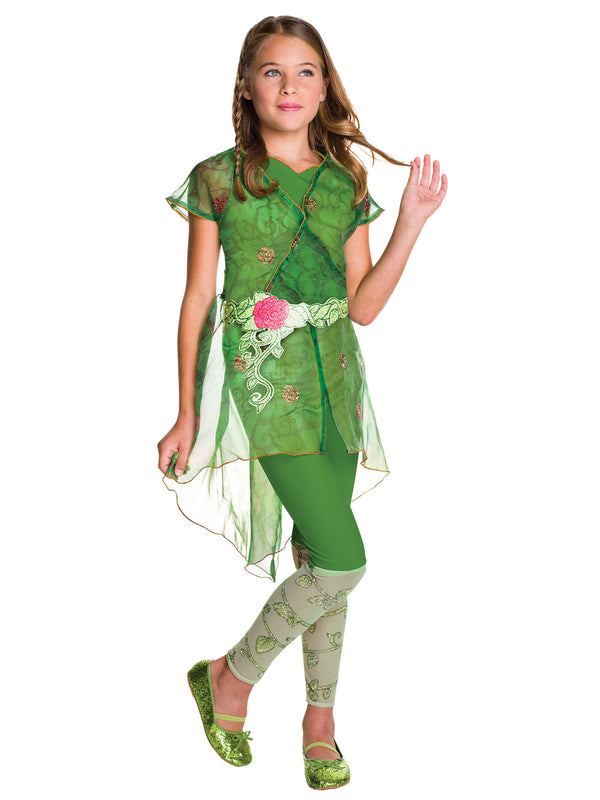 Girl wearing a green Poison Ivy dress with leafy tulle overlay and printed leggings