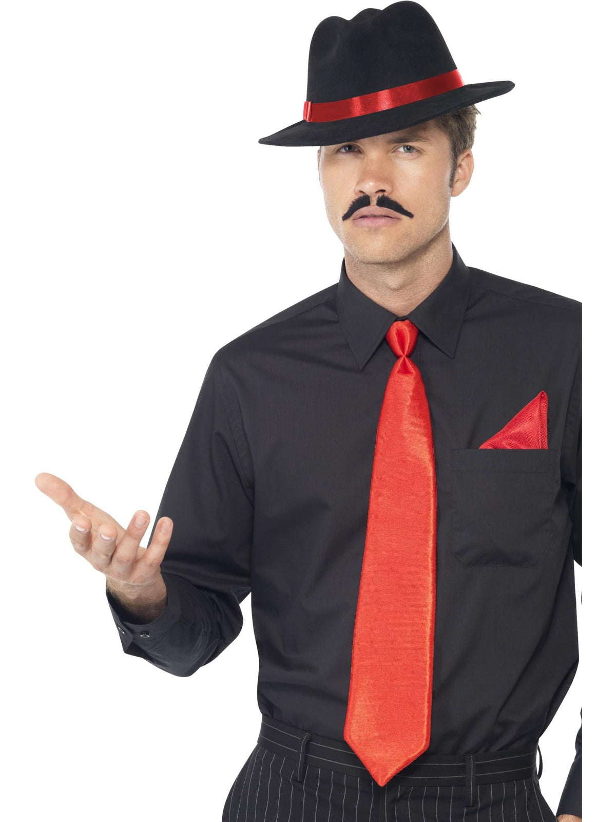 Man wearing a black gangster trilby with red band, red tie and red pocket handkerchief