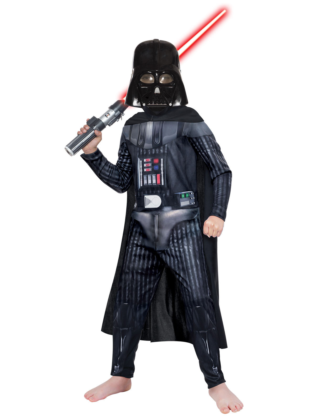 Young child in Darth Vader printed jumpsuit with cape and helmet mask