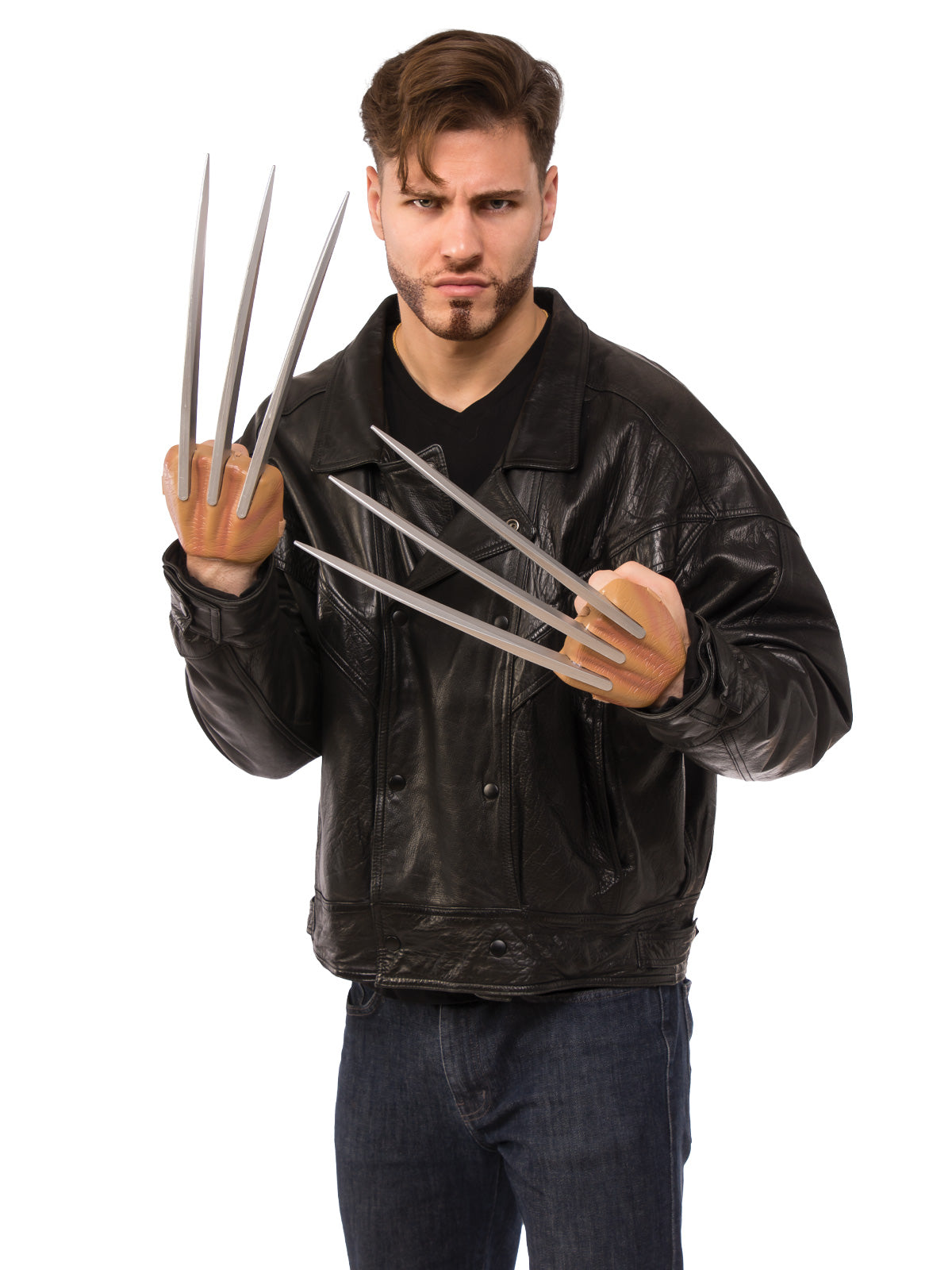 Man wearing grey Wolverine hand claws