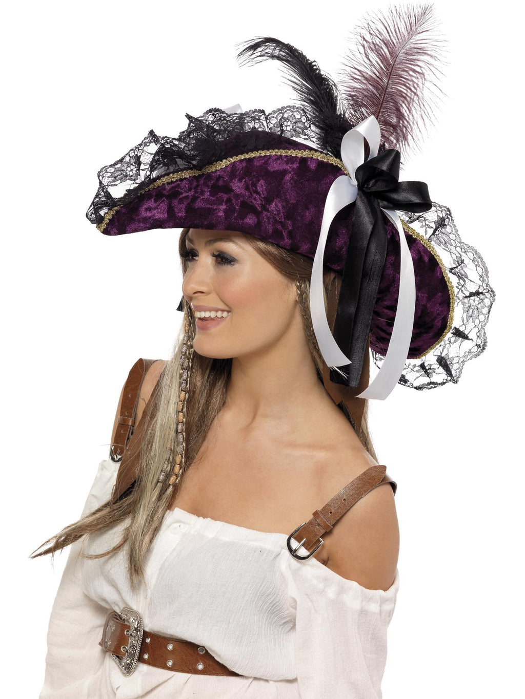 Purple pirate tricorn hat with feathers, alternate view
