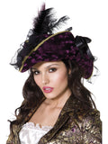 Woman wearing a purple and black pirate tricorn hat with lace, gold trim and black feathers