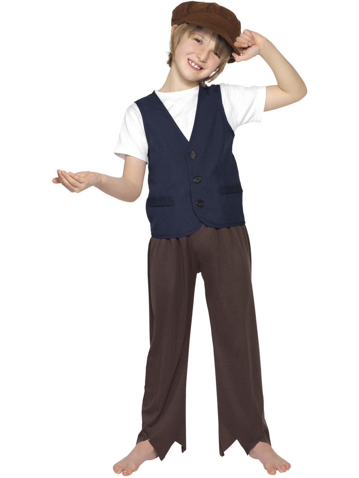 Boy wearing a Victorian peasant blue waistcoat and soft brown cap