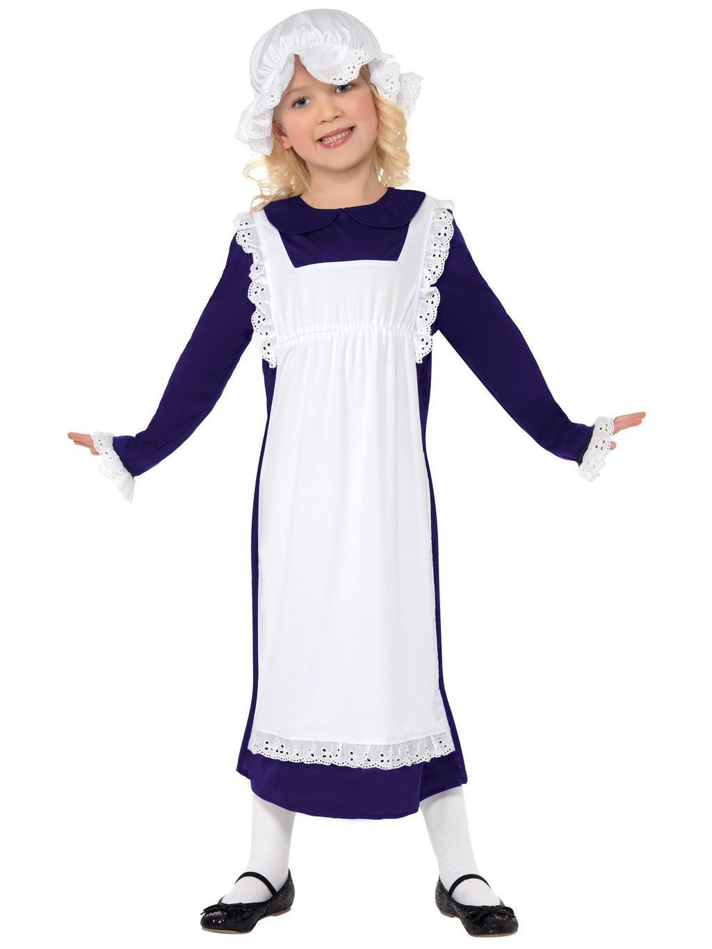 Girl wearing a Victorian poor girl costume with long navy dress, lacy cuffs, white apron and bonnet