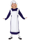Girl wearing a Victorian poor girl costume with long navy dress, lacy cuffs, white apron and bonnet