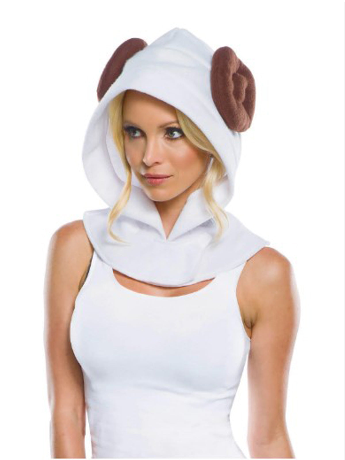 Woman wearing the white Princess Leia hood with brown felt buns