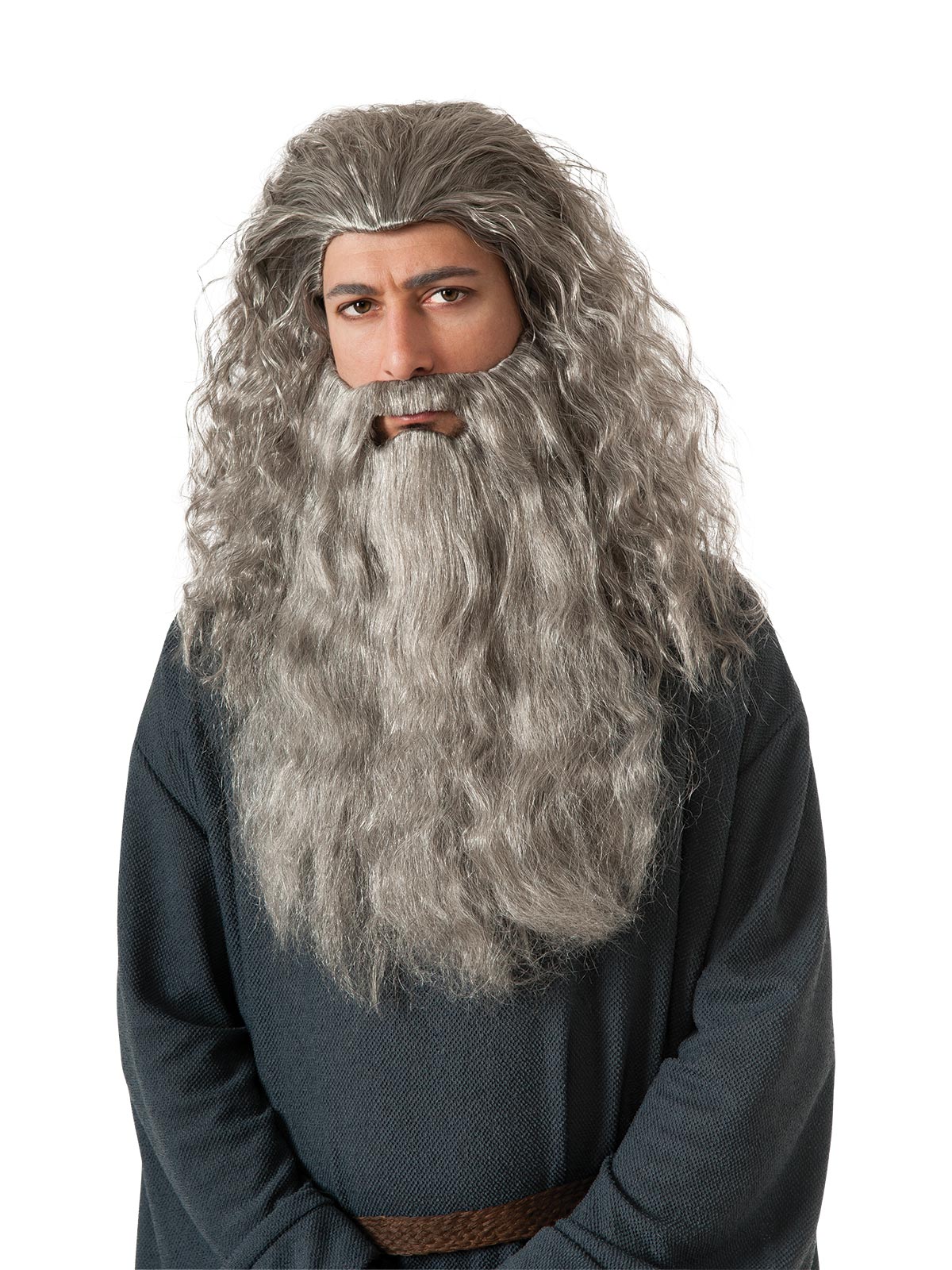 Man wearing the long curly grey Gandalf wig and long grey beard