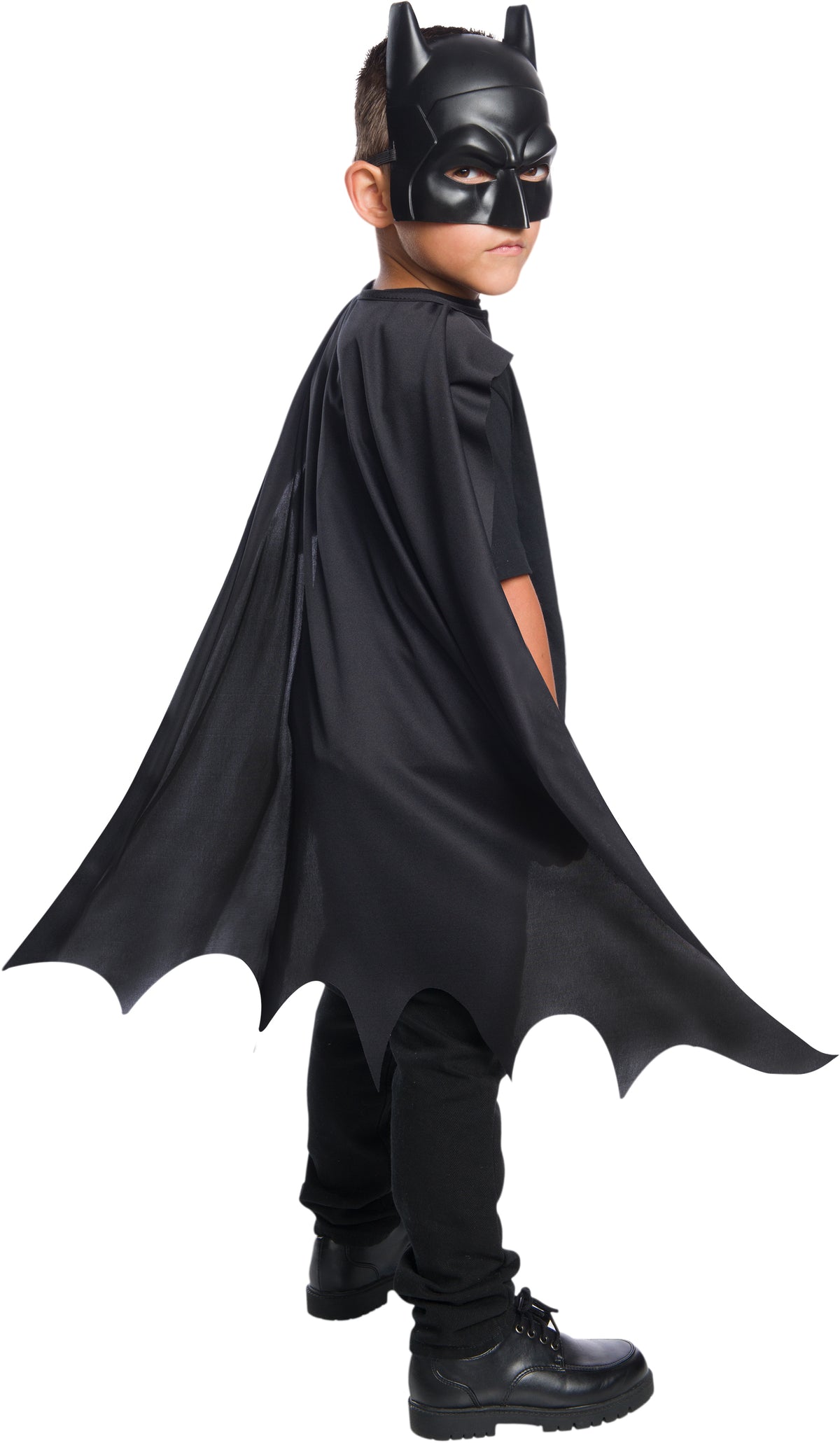 Boy wearing a black scalloped Batman cape and moulded black mask