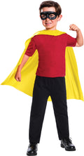 Boy wearing the yellow Robin cape and black eye mask