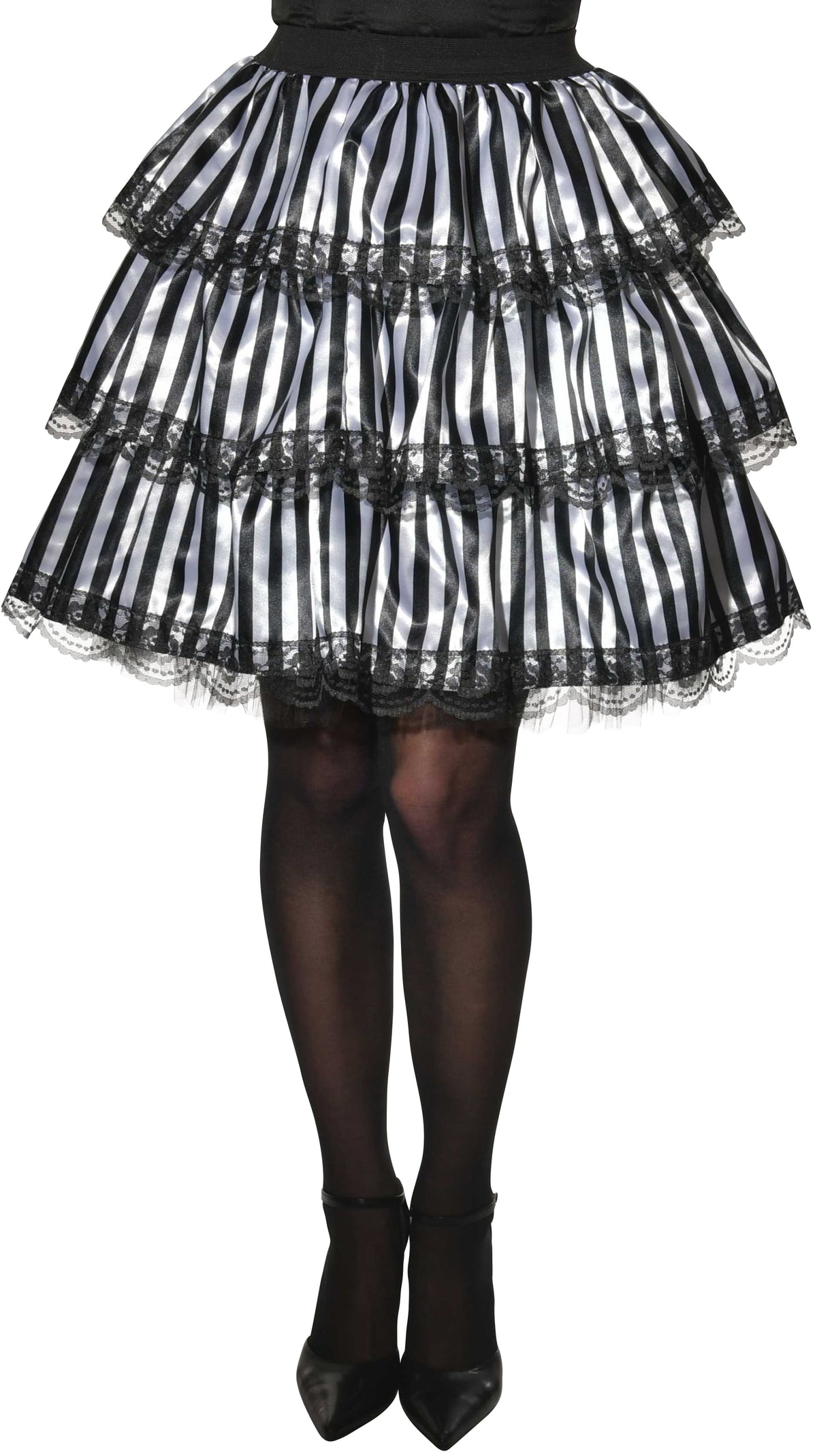 Woman wearing a tiered black and white striped satin ruffle skirt