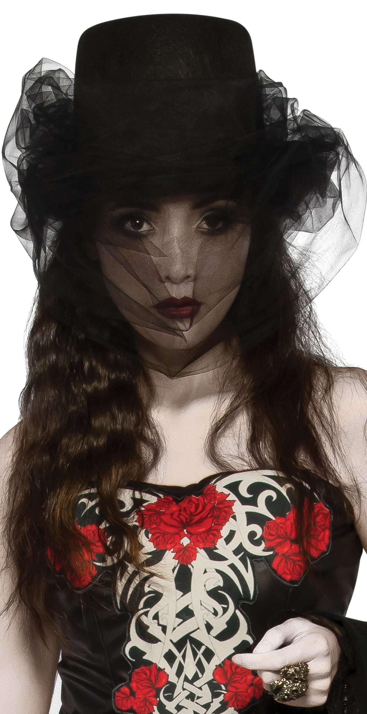 Woman wearing a black top hat with a black tulle veil