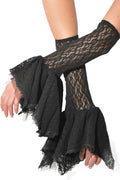 Arms wearing black lace elbow-length gauntlets with ruffled lace cuffs
