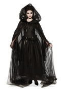 Woman wearing a long sheer black tulle cape with a large hood