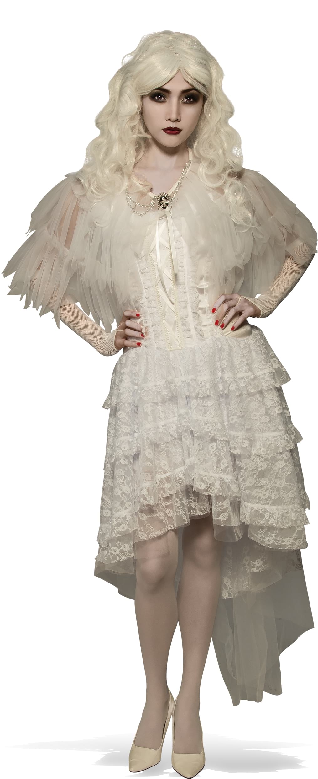 Woman wearing a white feathery tulle witch capelet