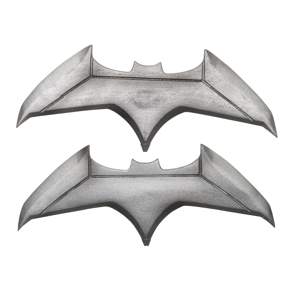 Two silver metallic plastic Batarangs in bat emblem shape