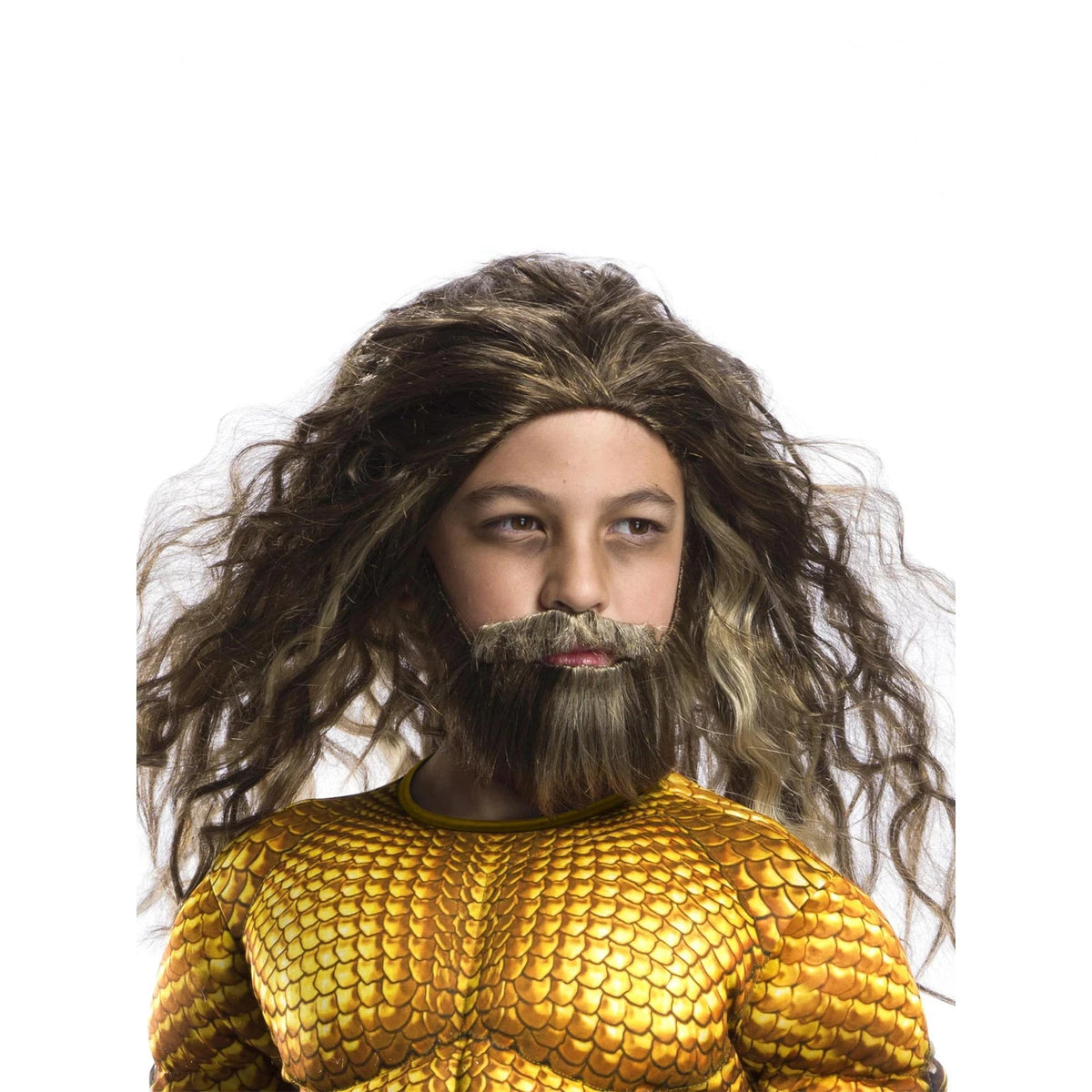 Boy wearing the Aquaman long wavy multi-toned wig with a matching textured beard