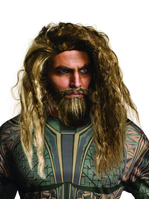 Man wearing the Aquaman wig with long wavy blonde and brown hair plus a matching beard and moustache