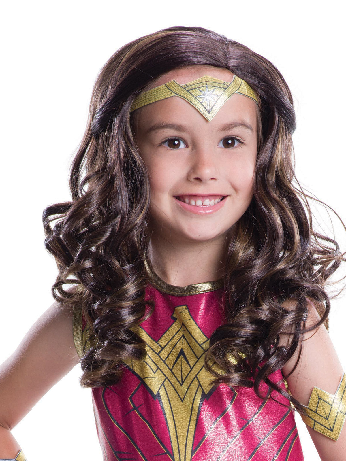 Girl wearing a long curly brown Wonder Woman wig